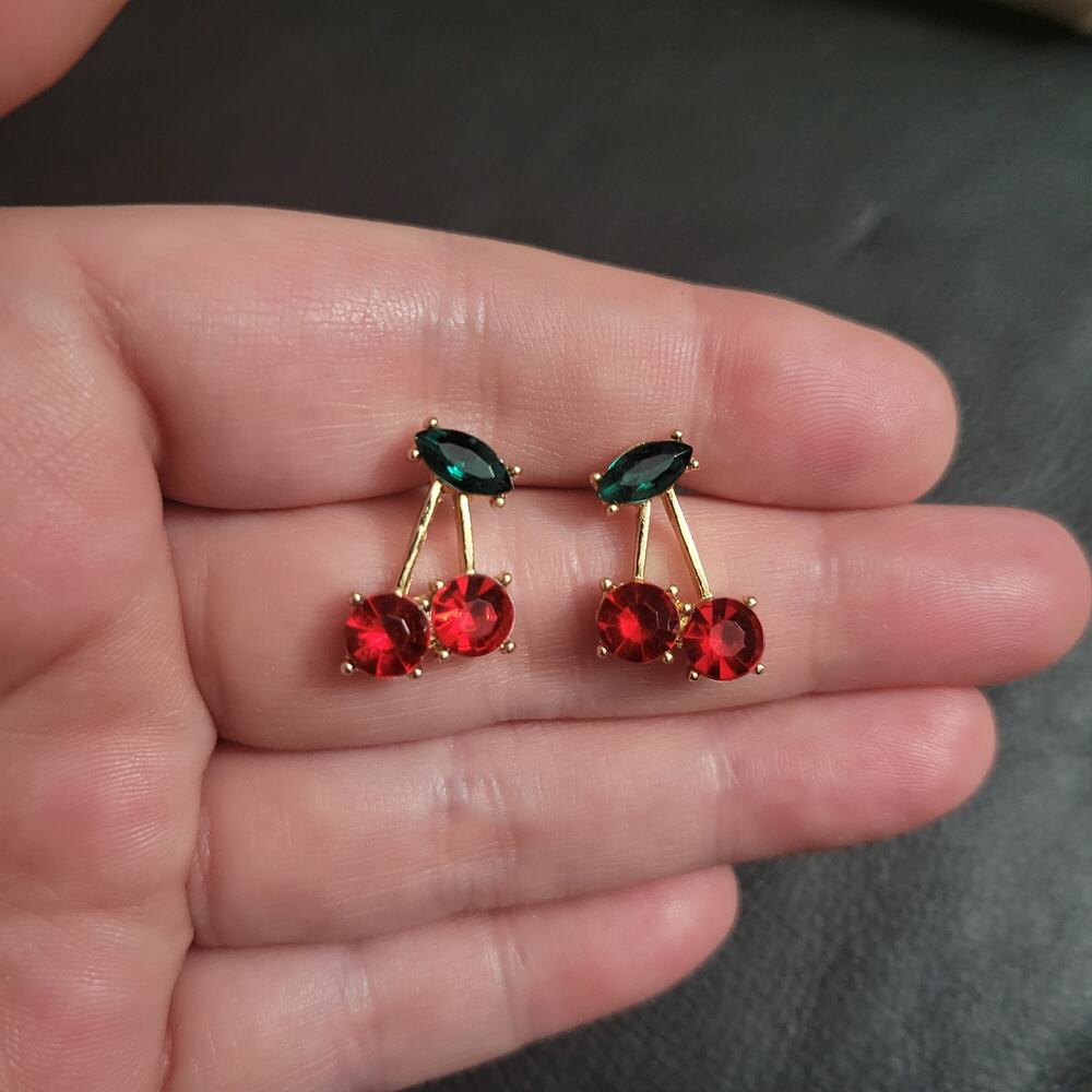 Cute cherry red & green crystal gold tone post earrings